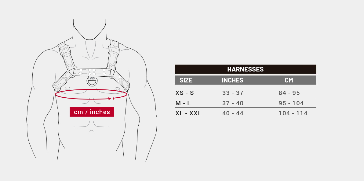 Harnesses – Size guide, XS-S – XL-XXL (Measured at the chest)