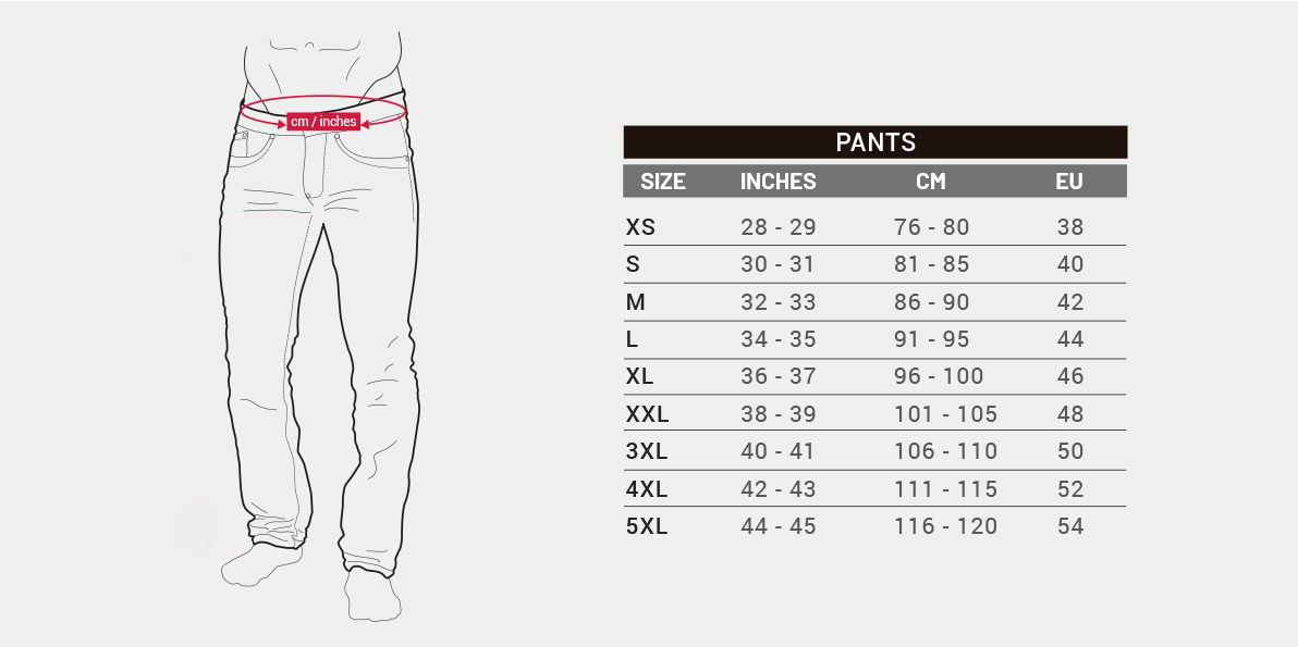 Pants & shorts – Size guide, XS–5XL (Measured at the waist)